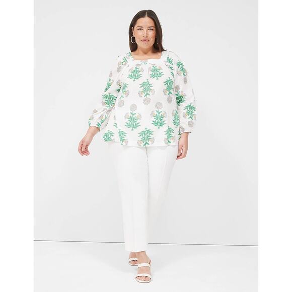 Lane Bryant White + Green Floral Print Square Neck Swing Peasant Blouse - 26/28 - Picture 2 of 10